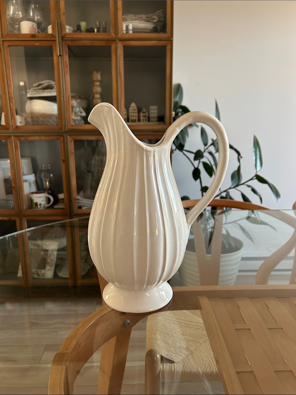 Vintage Cream Ceramic Pitcher - Elegant Ribbed Design